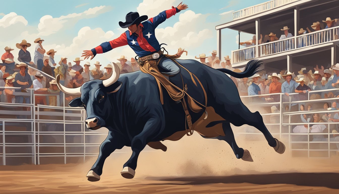 A bull rider struggles to stay on while the crowd cheers at a Texas rodeo event