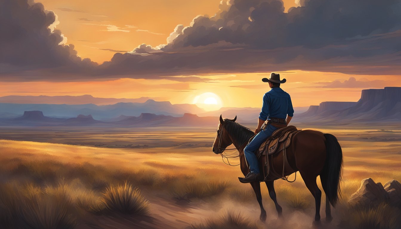 A lone cowboy riding through a rugged Texas landscape, with a vast expanse of open plains and a dramatic sunset in the background