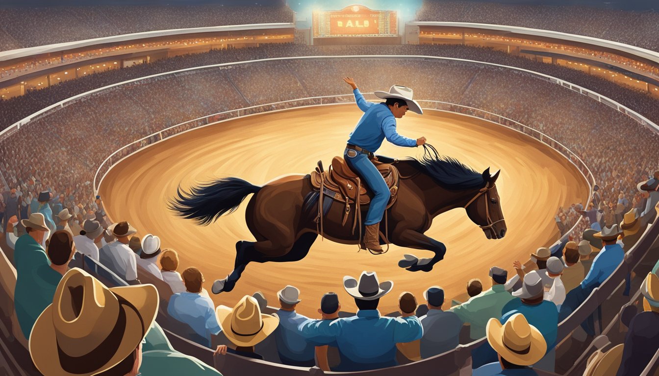 A lone cowboy rides a bucking bronco in the center of a bustling rodeo arena, surrounded by cheering spectators and iconic Texas landmarks