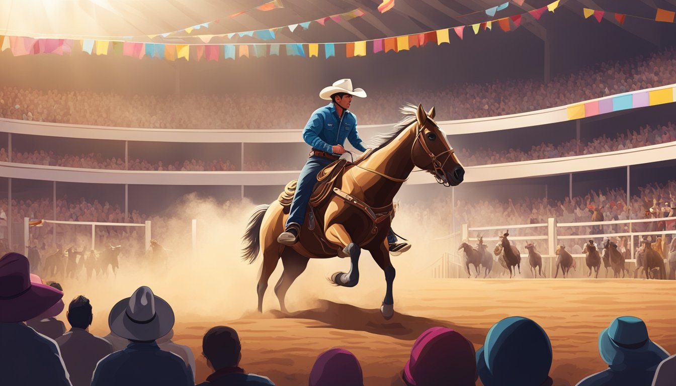 A lone cowboy rides a bucking bronco in a dusty rodeo arena, surrounded by cheering spectators and colorful banners