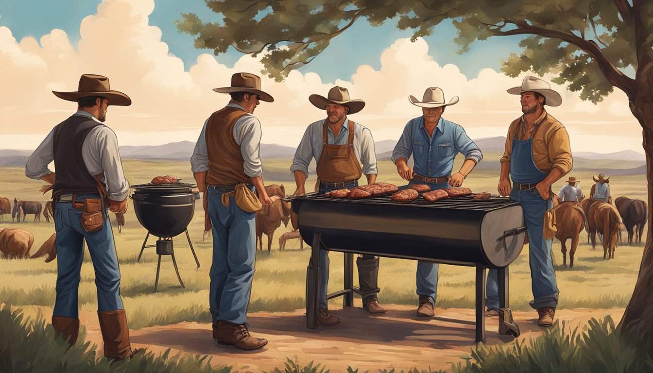 A group of cowboys gather around a smoky barbecue pit, surrounded by rolling hills and a big Texas sky. The scent of sizzling meat fills the air, as they bond over the tradition of Texas barbecue