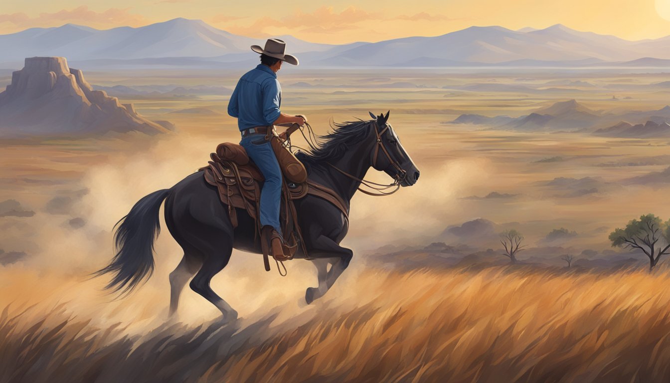 A lone cowboy riding through a vast Texas landscape, with rolling hills and a smoky barbecue pit in the distance