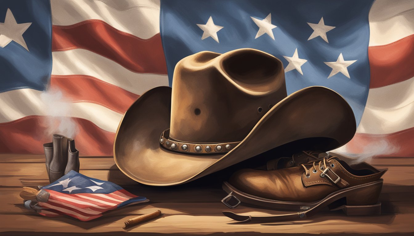 A rustic cowboy hat and worn leather boots surrounded by smoking barbecue pits and a Texas flag