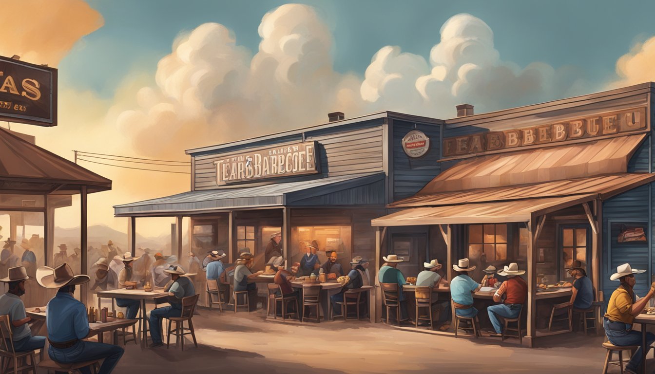 A bustling Texas barbecue joint with cowboy hats, smoke, and a modern twist on traditional cowboy culture