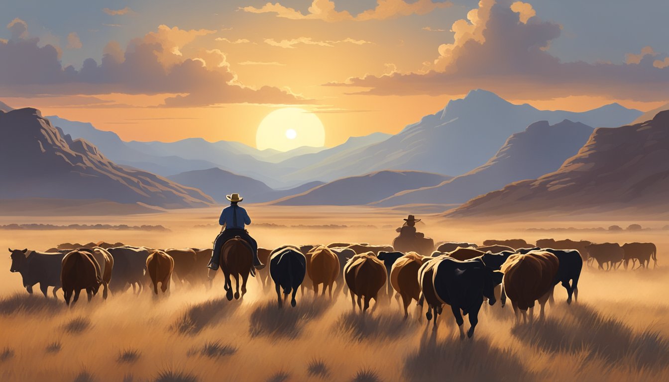 A lone cowboy on horseback herding a group of cattle across the vast, open plains of Texas, with a backdrop of rugged mountains and a setting sun