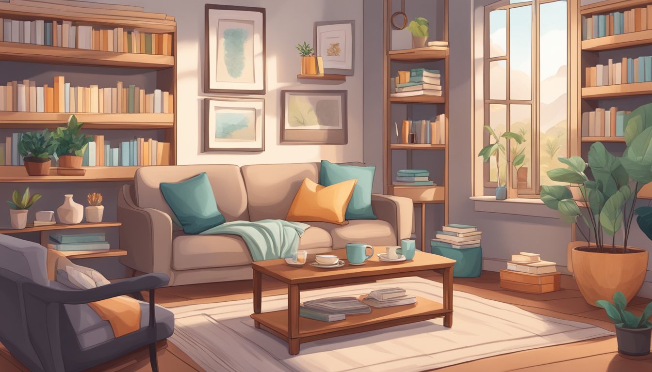 A cozy living room with a comfortable chair, a warm blanket, a cup of tea, and a bookshelf filled with health and wellness resources