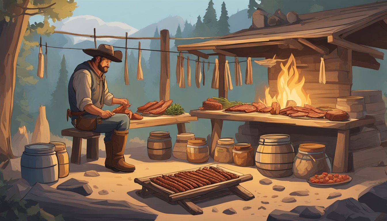 A cowboy carefully hangs strips of meat to dry over a smoky campfire, while jars of pickled vegetables sit on a makeshift shelf nearby