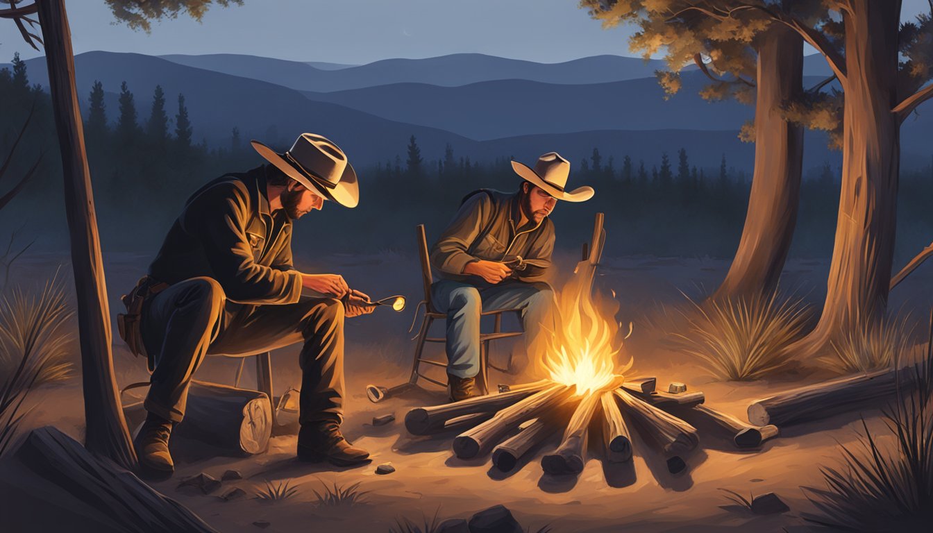 A lone cowboy crafting a lariat by a campfire at dusk in the Texas wilderness