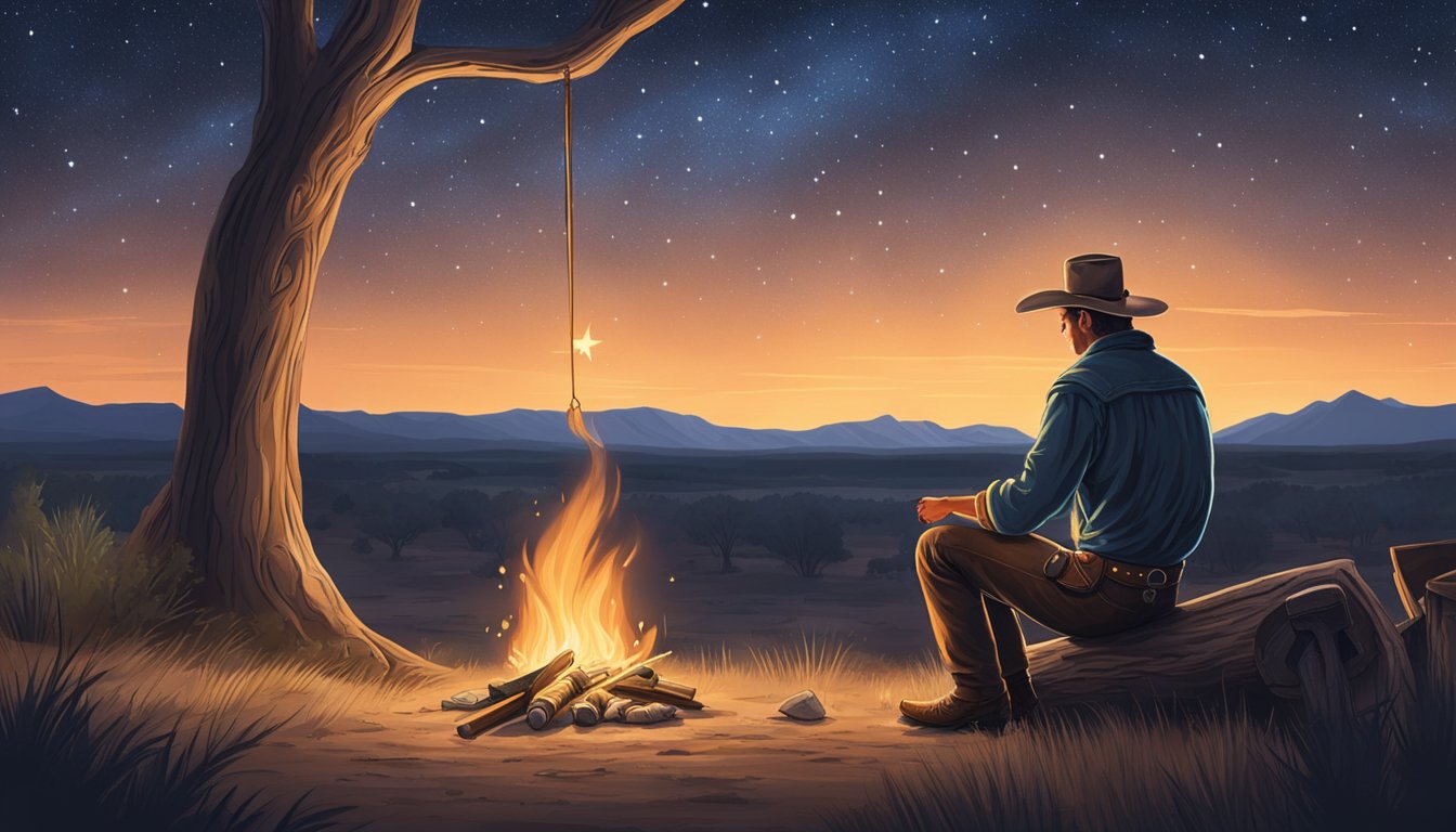 A lone cowboy sits by a crackling campfire, meticulously crafting a lariat under the starry Texas sky