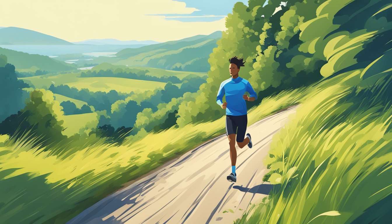 A person running on a scenic trail, surrounded by greenery and a clear blue sky, with a focus on the movement and energy of the activity