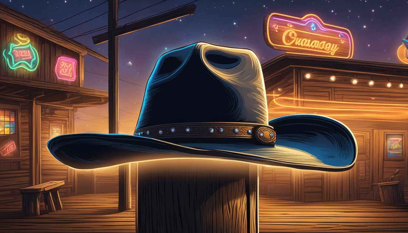 A lone cowboy hat hangs on a weathered wooden post, surrounded by flickering neon signs and the sound of twangy guitars