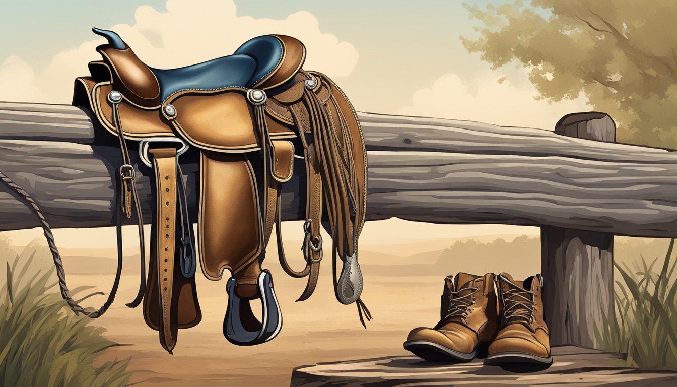 A weathered saddle draped over a wooden fence, a coiled lariat hanging from a rusted hook, and a pair of worn cowboy boots resting on the dirt