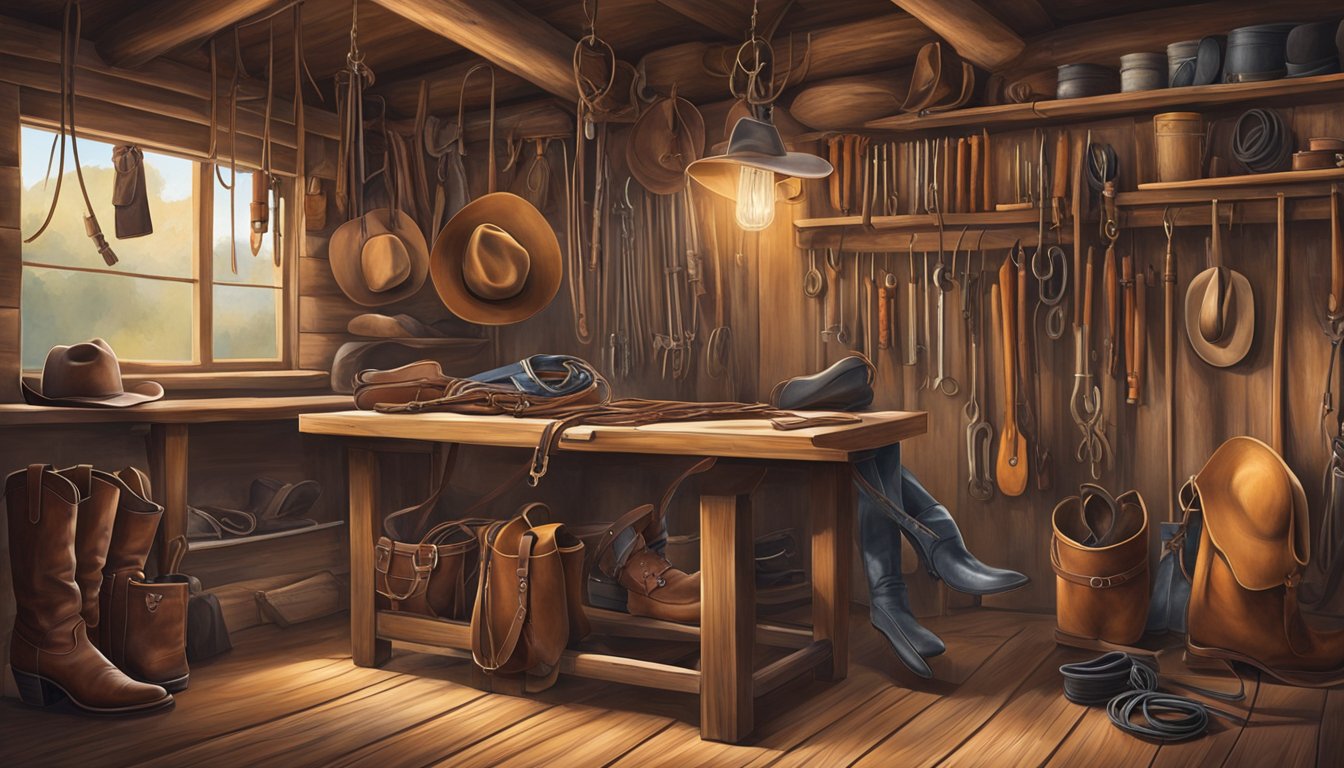 A rustic workshop with tools, leather hides, and coiled lariats hanging from hooks. A cowboy hat and boots sit nearby, evoking the spirit of Texas cowboy culture