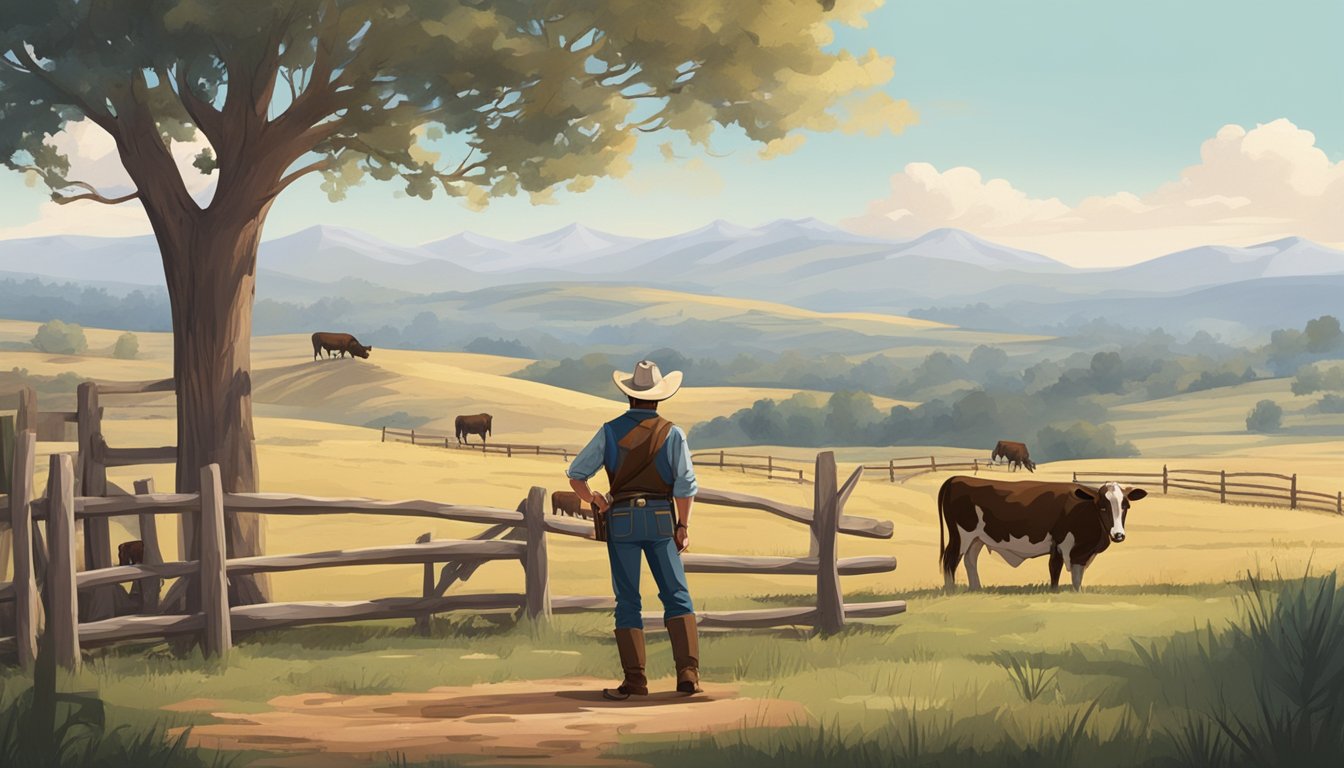 A lone cowboy stands beside a wooden fence, surrounded by grazing cattle and rolling hills. A large butcher's knife and a cutting block sit on a nearby table