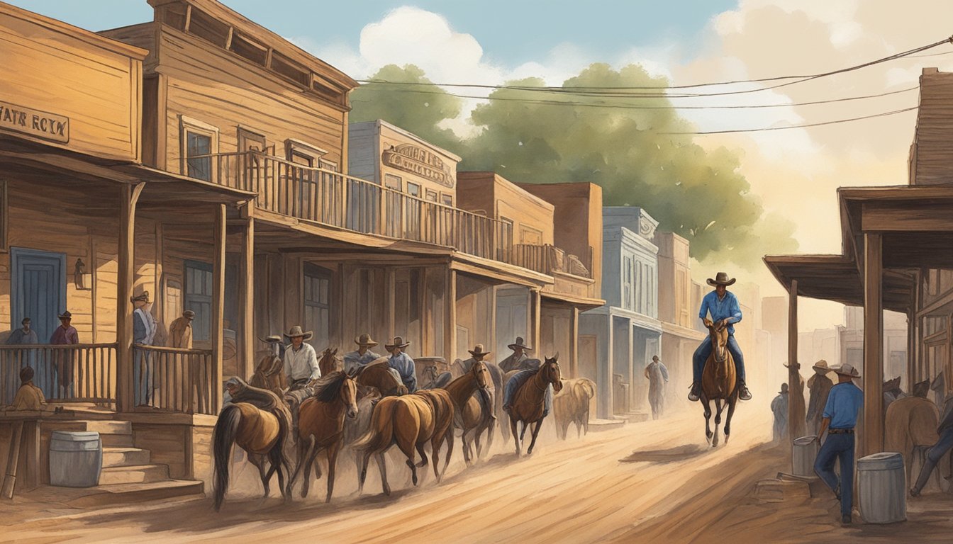 A lone cowboy rides through a dusty Texas town, passing by a row of country and western bars. The sound of honky-tonk music fills the air as patrons gather to celebrate the preservation of cowboy culture