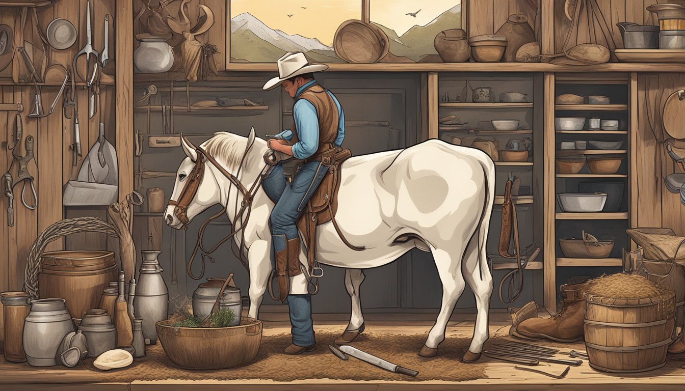 A cowboy preparing a steer for butchery, surrounded by traditional Texas cowboy symbols and tools