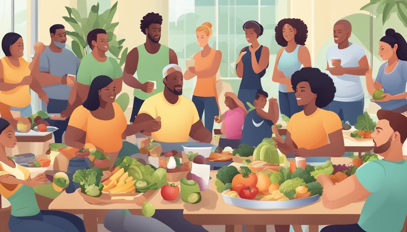 A group of diverse individuals engaging in healthy lifestyle activities such as exercising, eating nutritious foods, and avoiding harmful substances