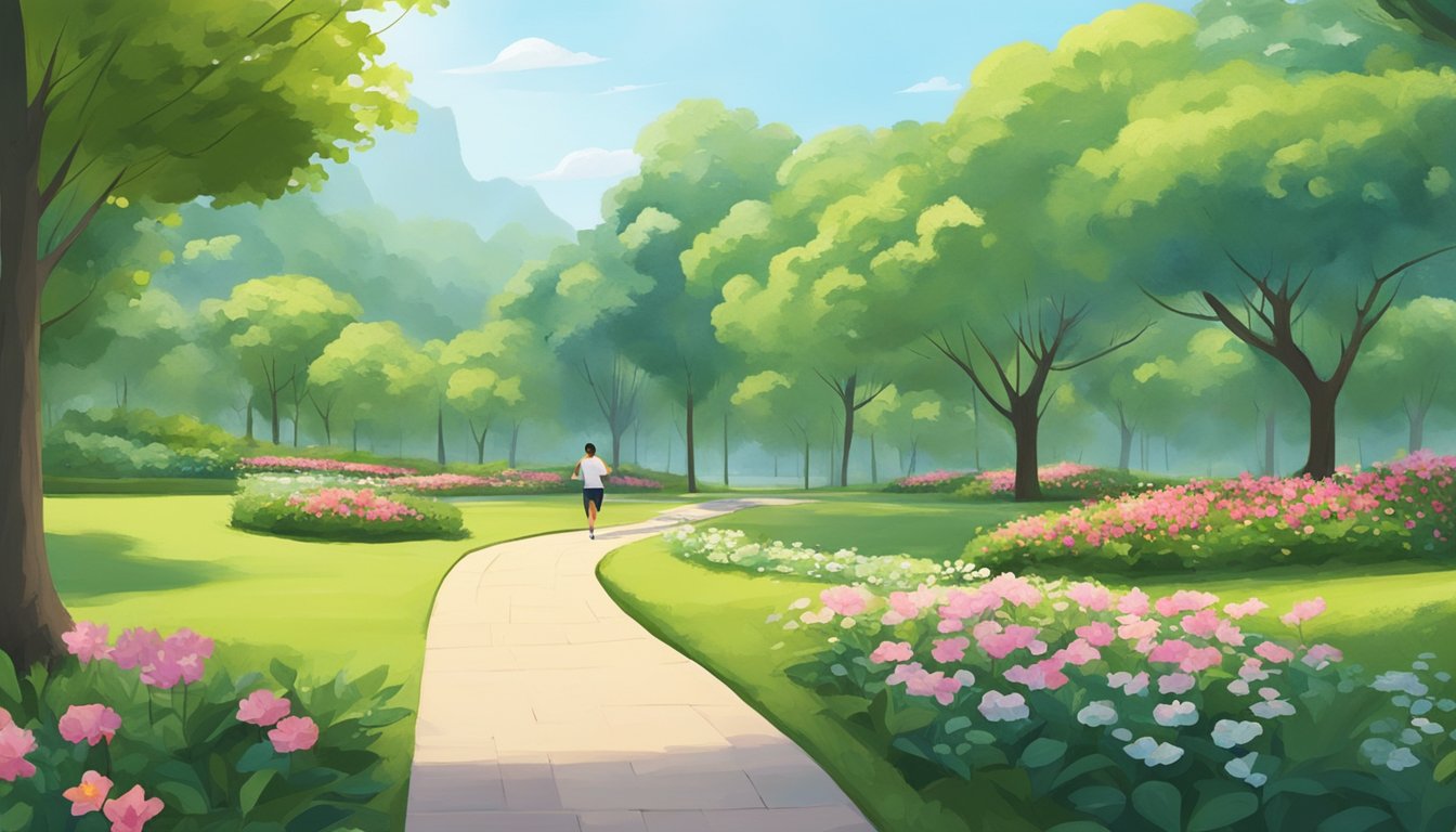 A serene park with a winding path, surrounded by lush greenery and blooming flowers. A person is seen jogging, while others engage in activities like yoga or walking. The scene exudes a sense of peace and wellness