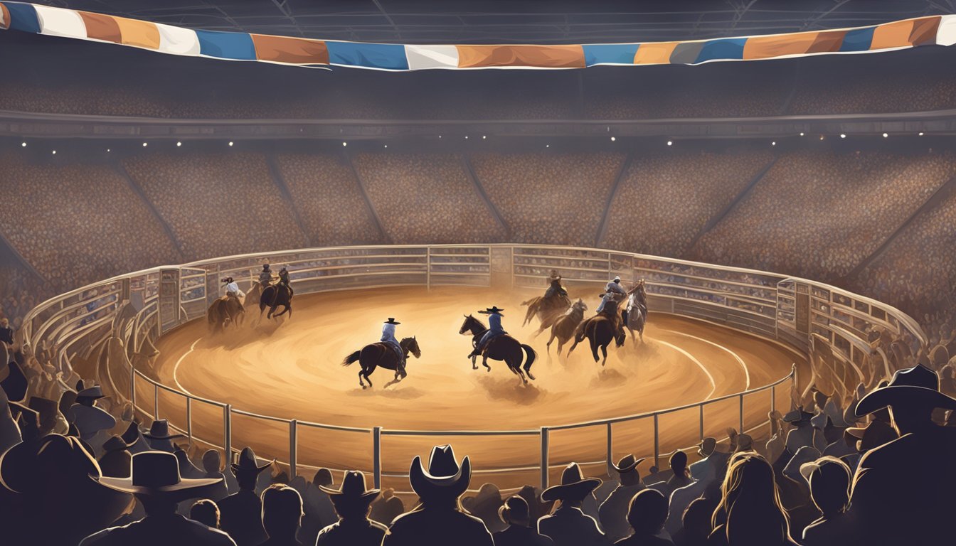 A dusty rodeo arena with cheering crowds, bucking broncos, and fearless cowboys showcasing the competitive heart of Texas cowboy culture