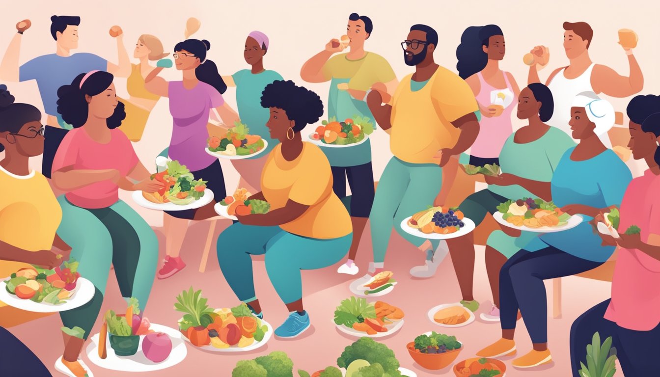 A diverse group of people engaging in healthy lifestyle activities, such as exercising, eating nutritious foods, and participating in cancer awareness events