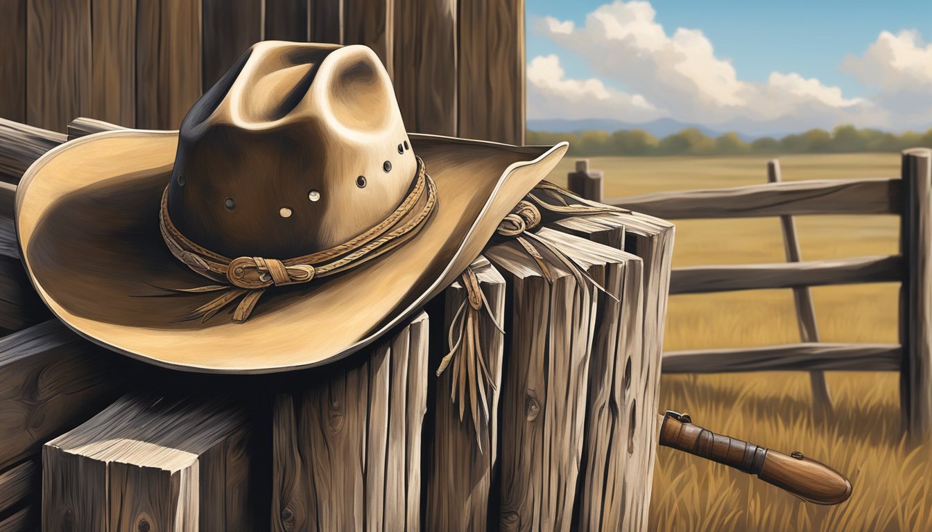 A lone cowboy hat rests atop a weathered fence post, surrounded by the tools of a butcher's trade, symbolizing the enduring legacy and influence of Texas cowboy culture on modern society