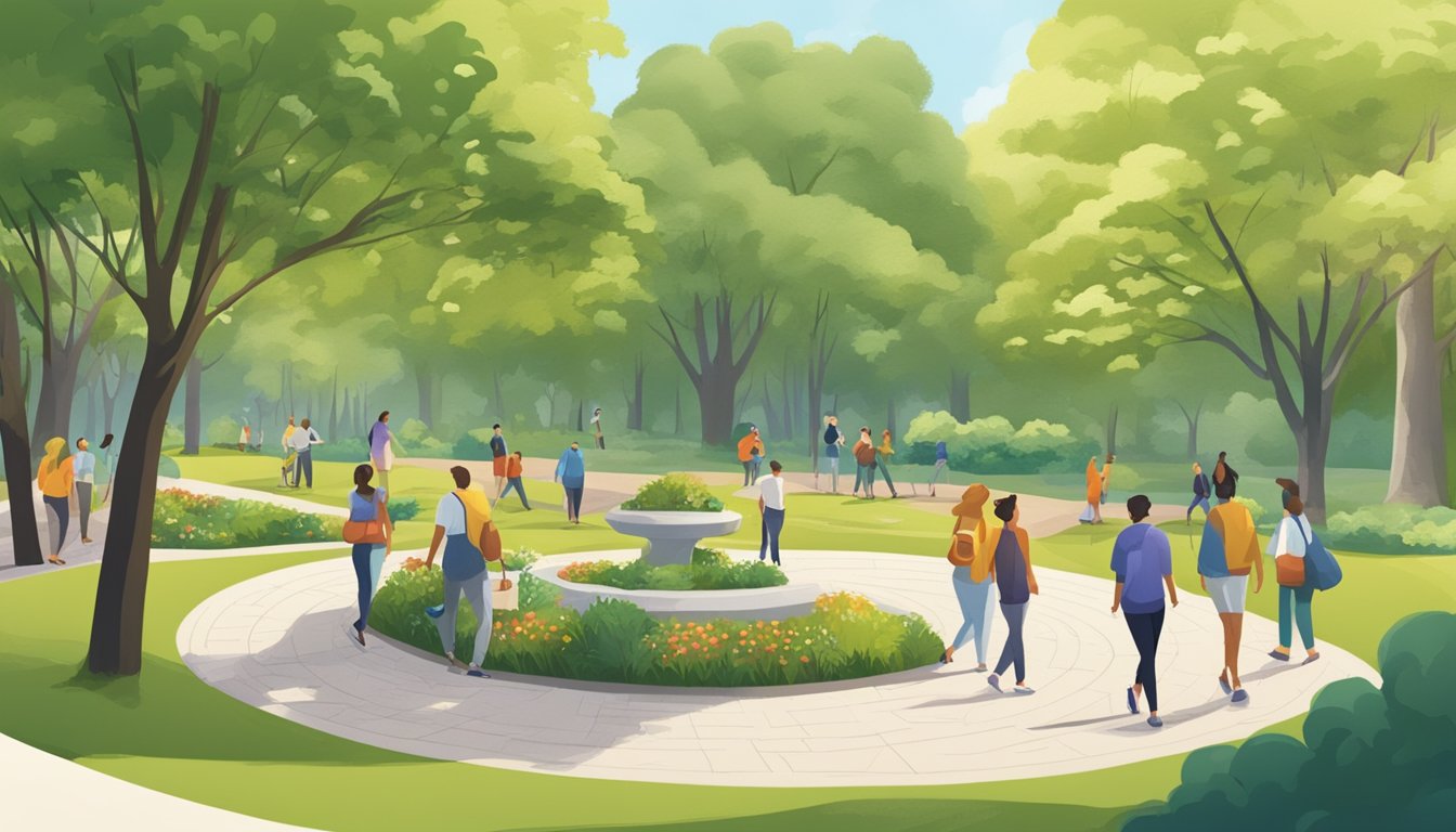 A serene park with a walking path, healthy food options, and supportive friends conversing in a circle