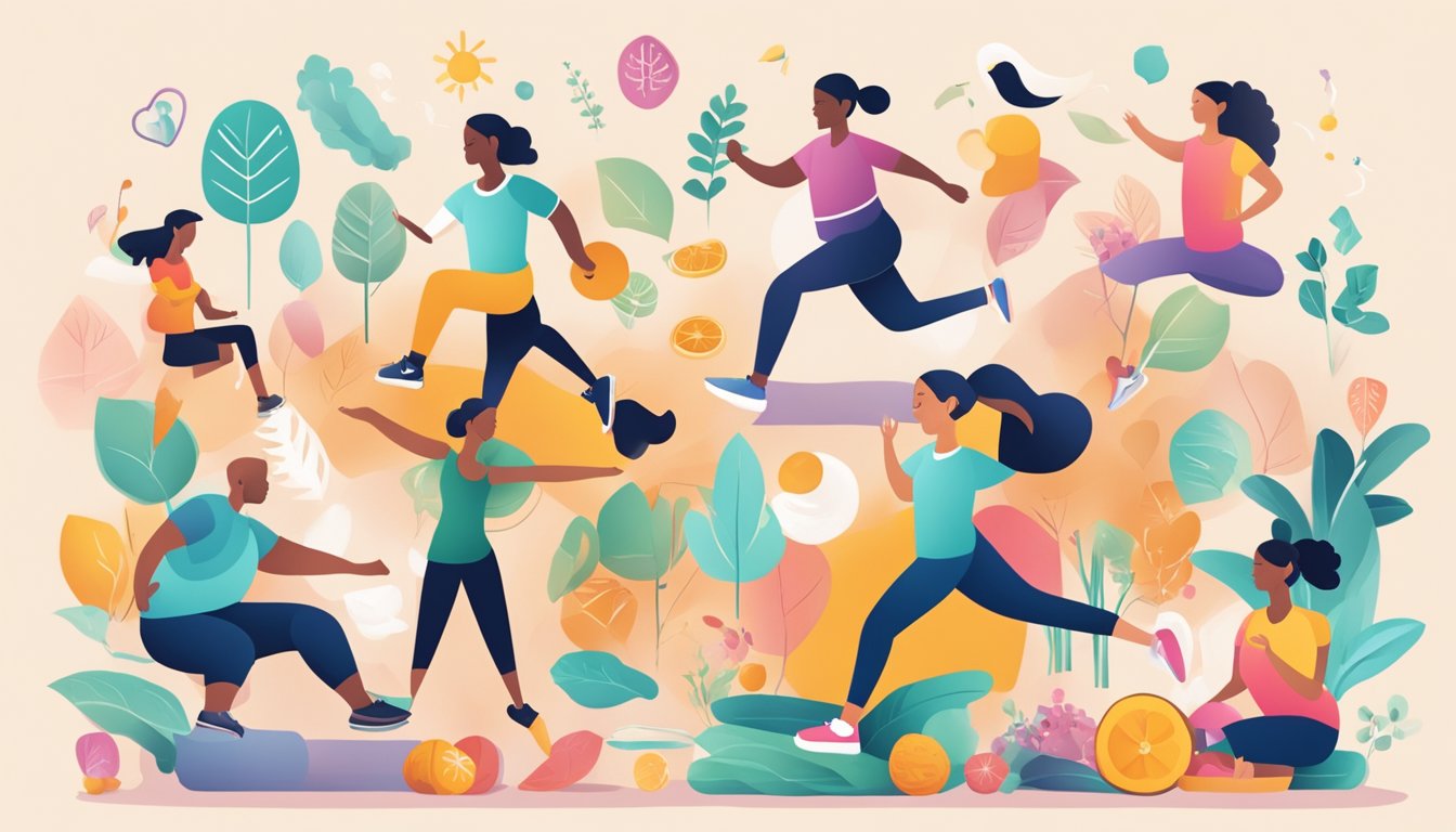 A diverse group of people engaging in healthy lifestyle activities, such as exercise, healthy eating, and stress management, surrounded by symbols of wellness and balance