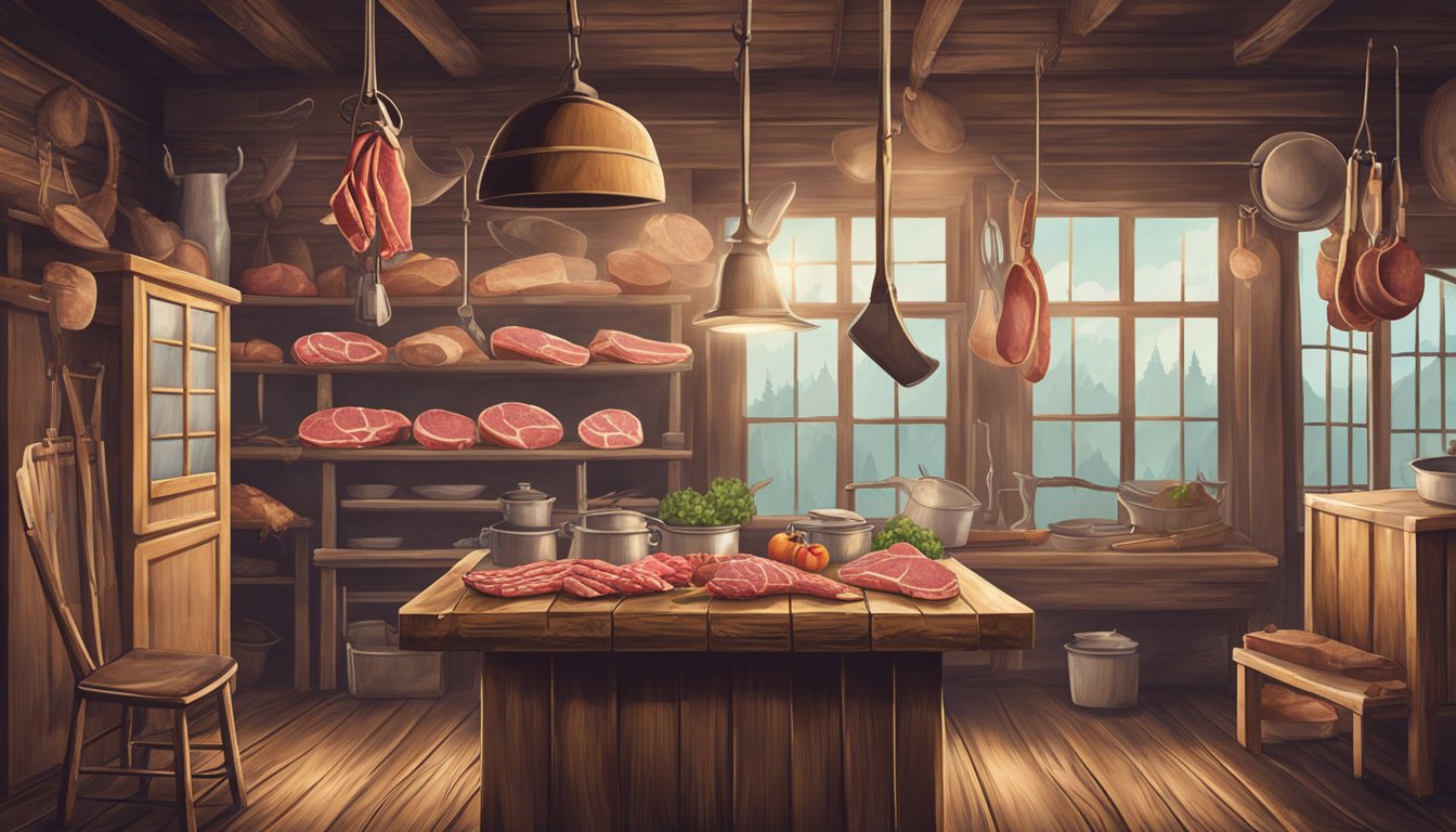 A rustic butcher shop with hanging meat, vintage tools, and a cowboy hat on a weathered wooden table