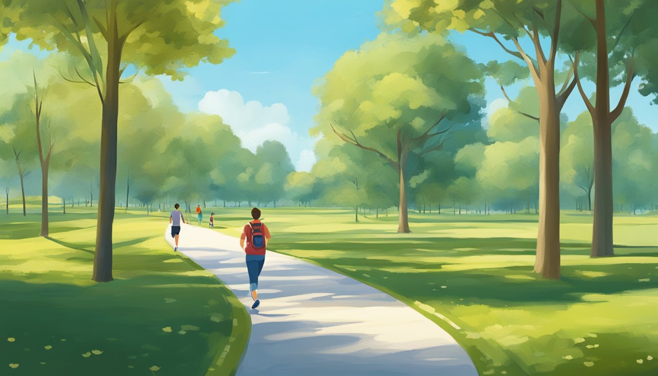 A serene park with a walking path, surrounded by trees and a clear blue sky. A person is jogging, while others are walking and enjoying the outdoors