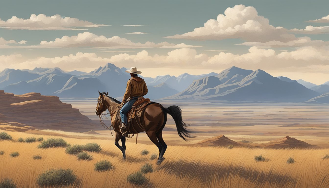 A lone cowboy rides across the open range, surrounded by vast prairies and rugged mountains. His saddle is adorned with intricate leather tooling, showcasing the traditional techniques of western saddlery