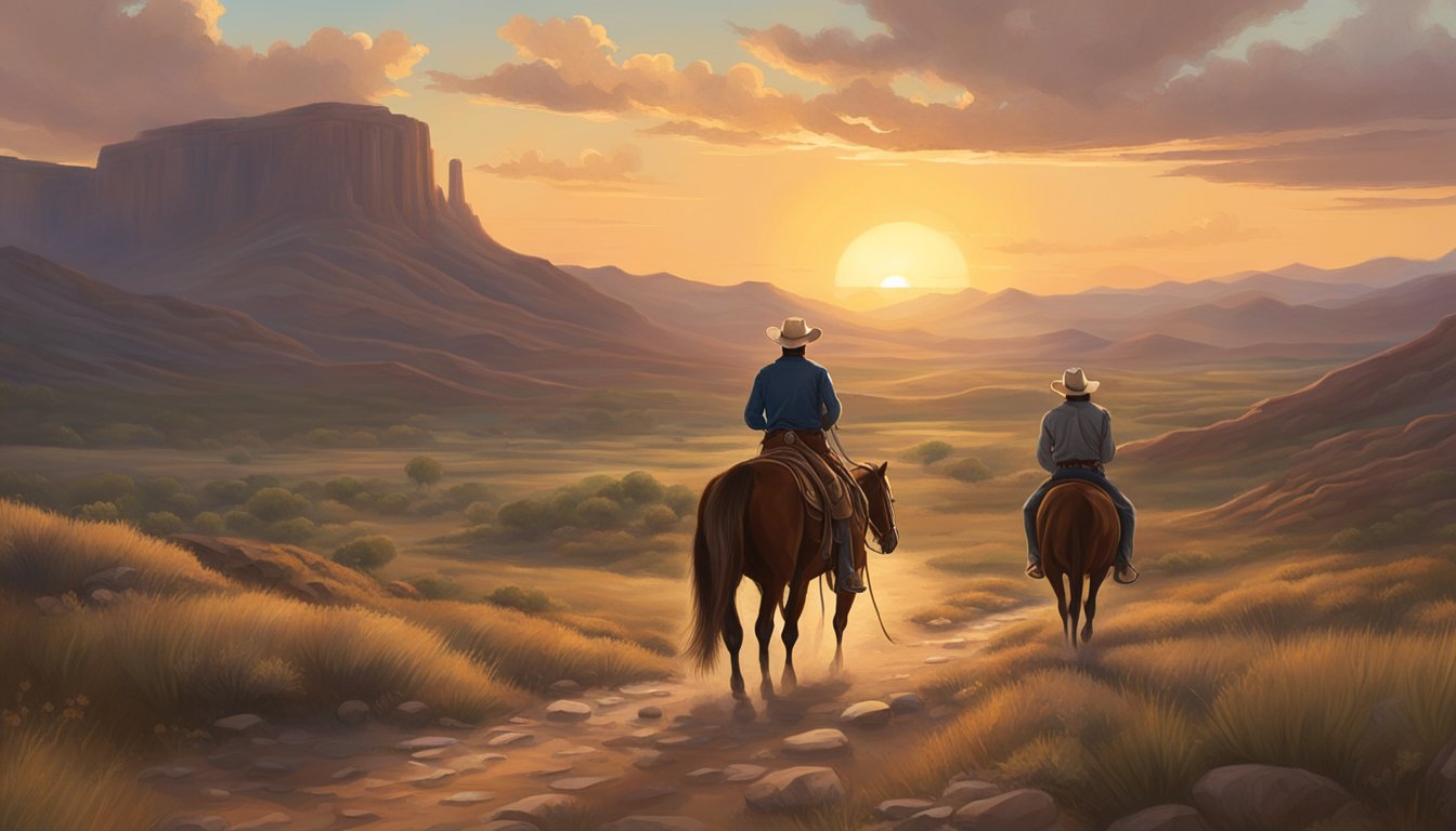 A lone cowboy rides through the rugged Texas landscape, his trusty horse carrying traditional western saddlery. The setting sun casts a warm glow over the rolling hills, embodying the cowboy lifestyle and ethics