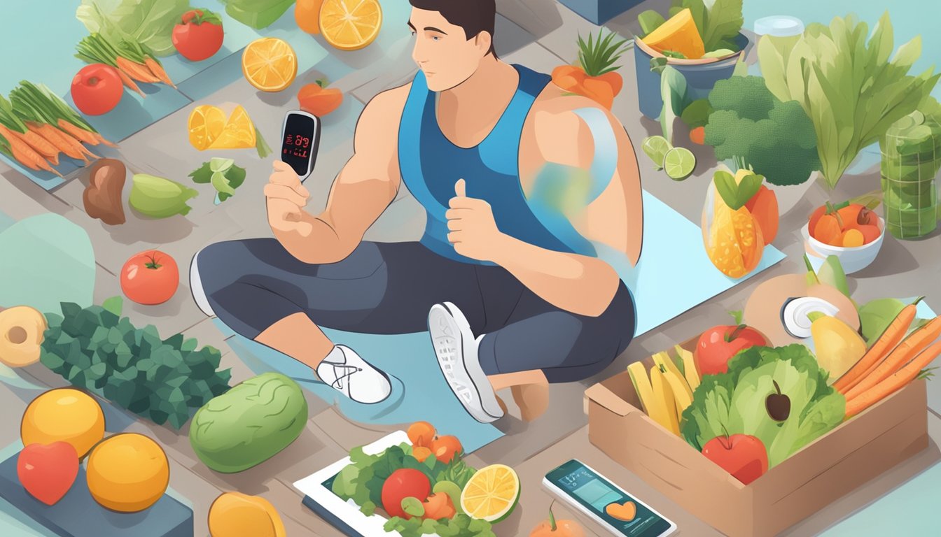 A person exercising outdoors, surrounded by healthy food options, with a heart rate monitor and medical charts in the background