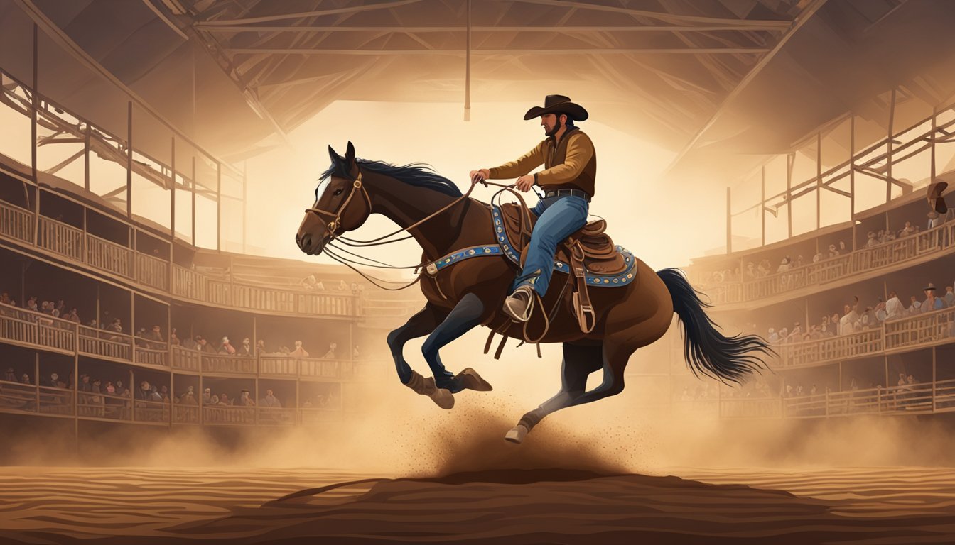 A cowboy riding a bucking bronco in a dusty rodeo arena, surrounded by traditional western saddlery and equipment