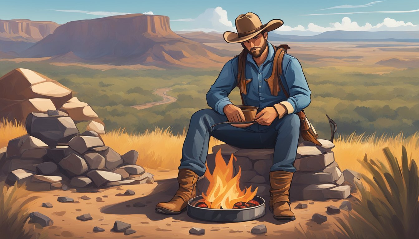 A lone cowboy sits by a campfire, surrounded by the vast Texas landscape. A dutch oven sits on the coals, bubbling with a savory stew