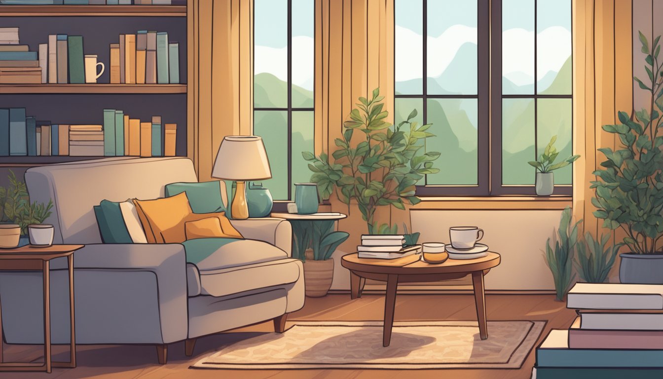 A serene, cozy living room with soft lighting, a warm blanket, and a cup of herbal tea on a side table. A bookshelf filled with health and wellness literature in the background