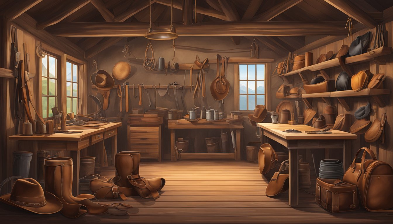 A rustic workshop filled with leather, tools, and saddles in various stages of completion, with a lone cowboy hat hanging on a peg