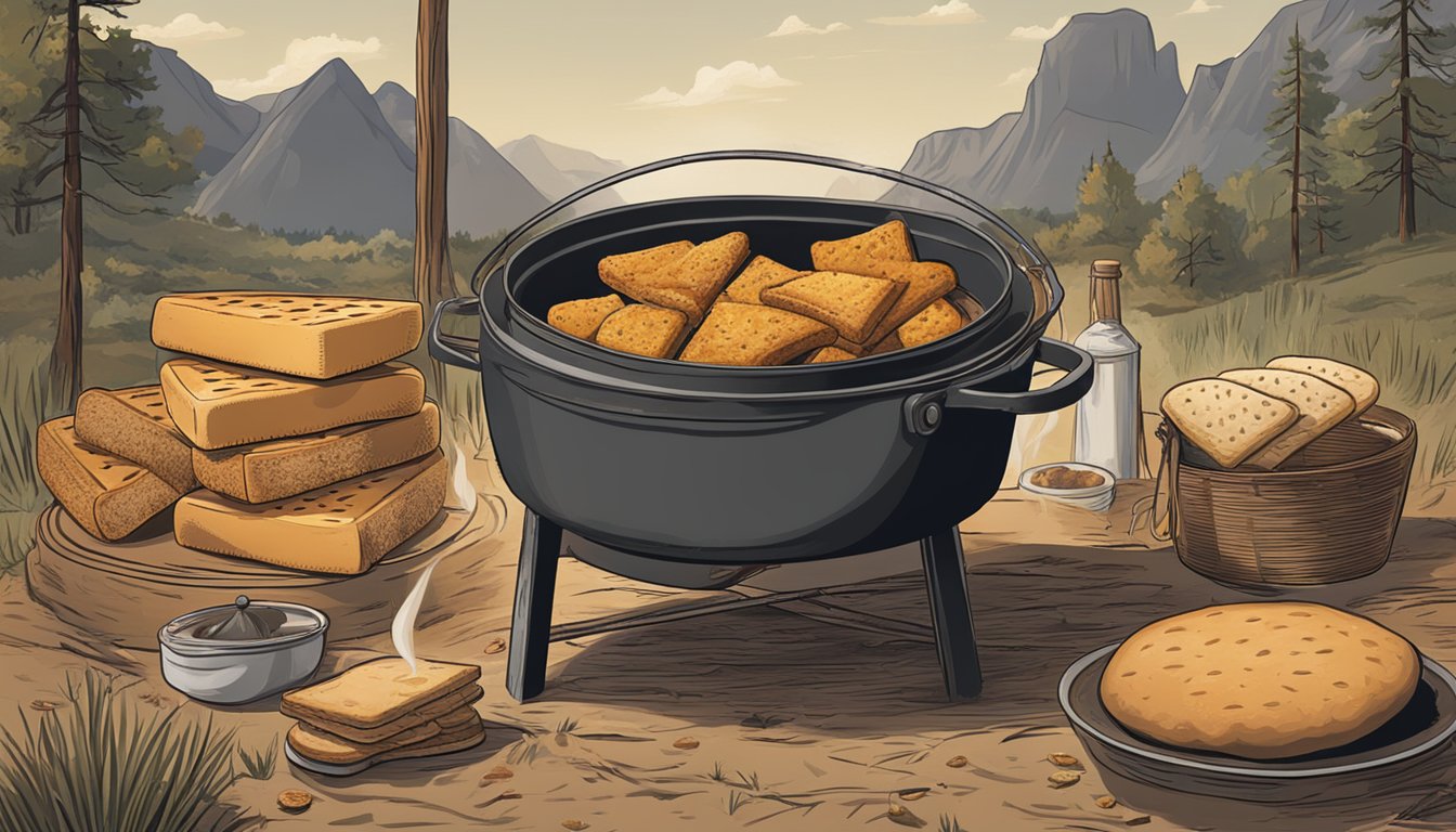 A dutch oven sits on a campfire, surrounded by bread and biscuits. A cowboy hat and boots rest nearby, evoking the spirit of Texas ranch cooking