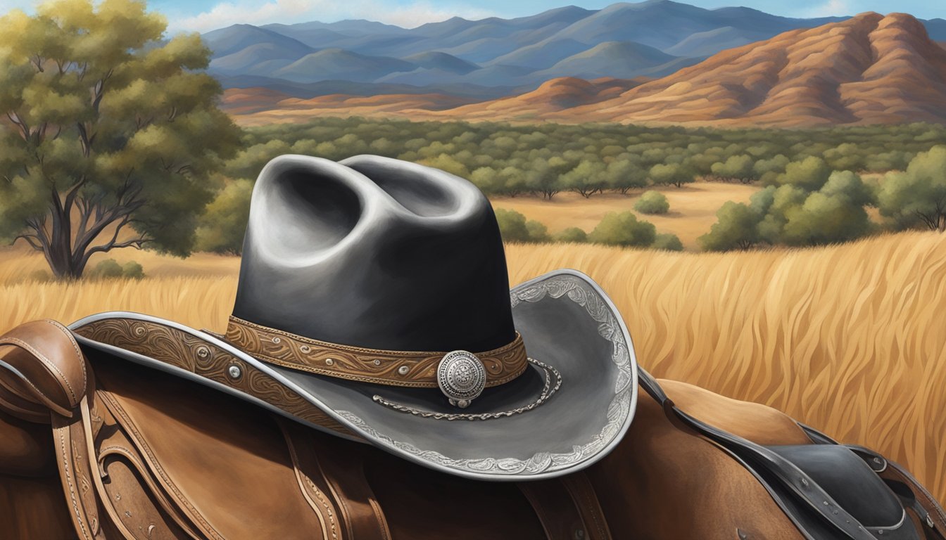 A lone cowboy hat rests on a weathered saddle, adorned with intricate leather tooling and silver conchos, against a backdrop of rolling Texas hills