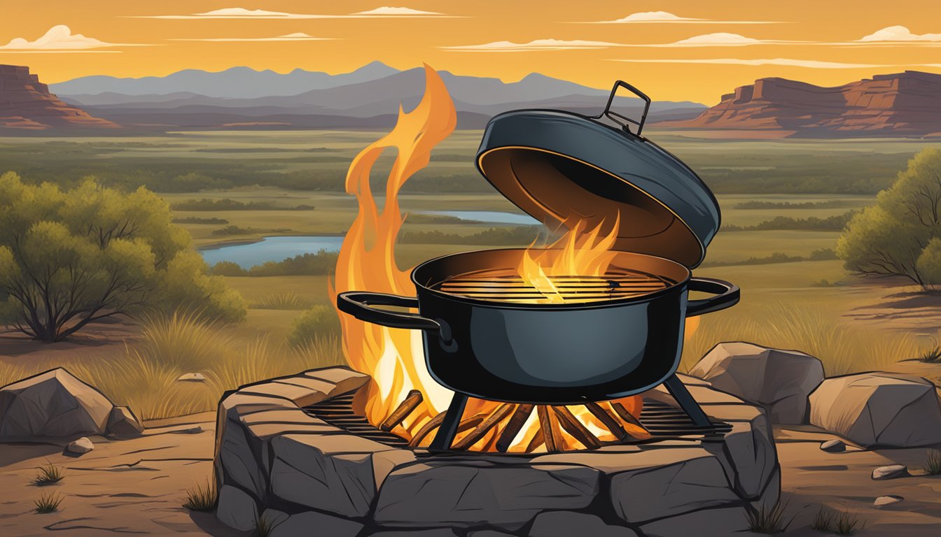 A lone dutch oven sits atop a campfire, surrounded by the vast Texas landscape, capturing the essence of contemporary cowboy cooking