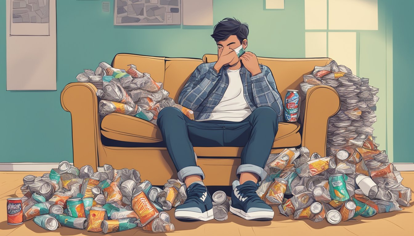 A person sitting on a couch, surrounded by clutter, with a pile of fast food wrappers and soda cans nearby. The person looks tired and unmotivated