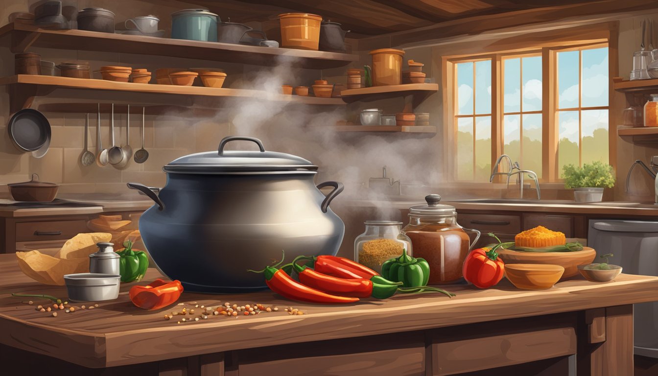 A rustic kitchen with a bubbling pot of chili, surrounded by ingredients and spices evoking the Texas cowboy culture