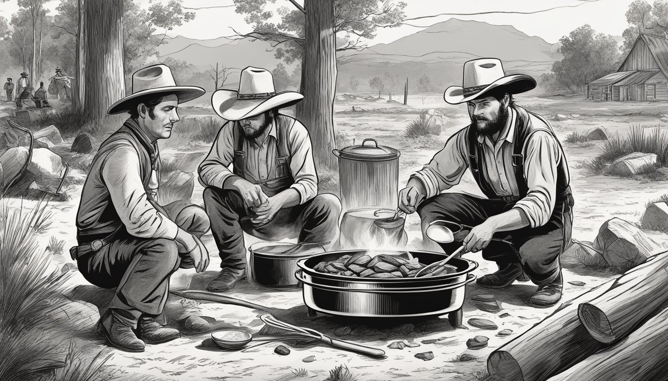 A dutch oven sits over an open fire, surrounded by cowboy hats and a lasso. A lone cowboy tends to the cooking, stirring a hearty stew with a long-handled spoon