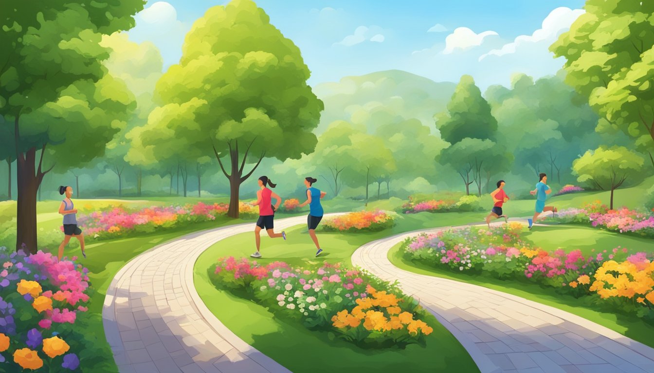 A park with a winding trail, surrounded by lush green trees and vibrant flowers. A group of people engage in various physical activities such as jogging, cycling, and yoga