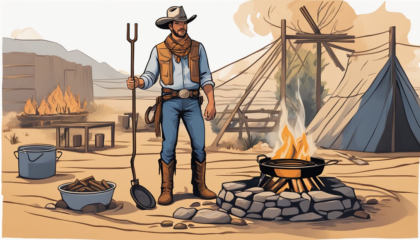 A cowboy stands over a campfire, cooking in a dutch oven. Surrounding him are iconic symbols of Texas cowboy culture, such as a lasso and a cowboy hat