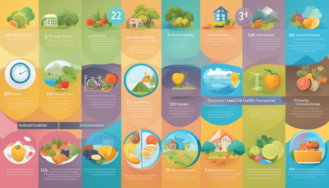 A colorful infographic depicting various lifestyle factors and influences on health, such as diet, exercise, stress, and environmental exposures