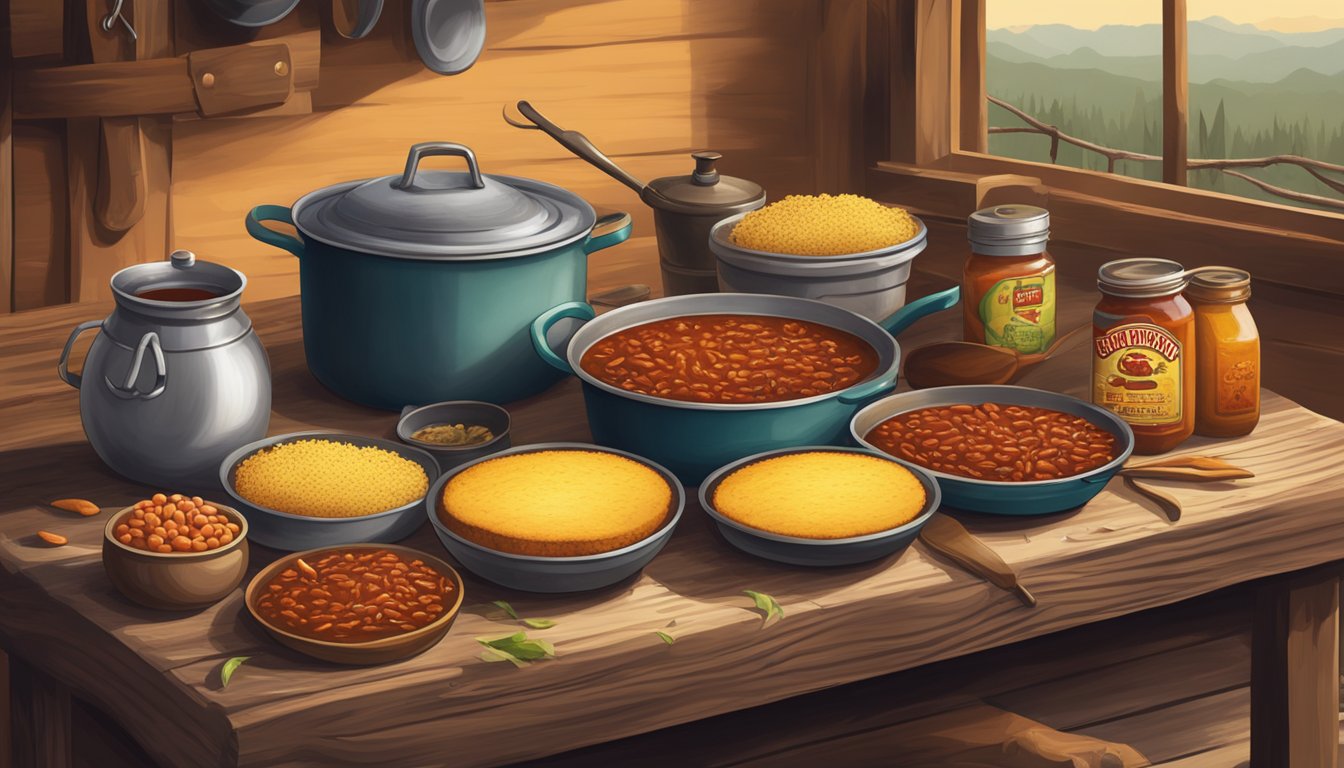 A steaming pot of chili surrounded by cornbread, beans, and hot sauce on a rustic table in a Texas cowboy camp