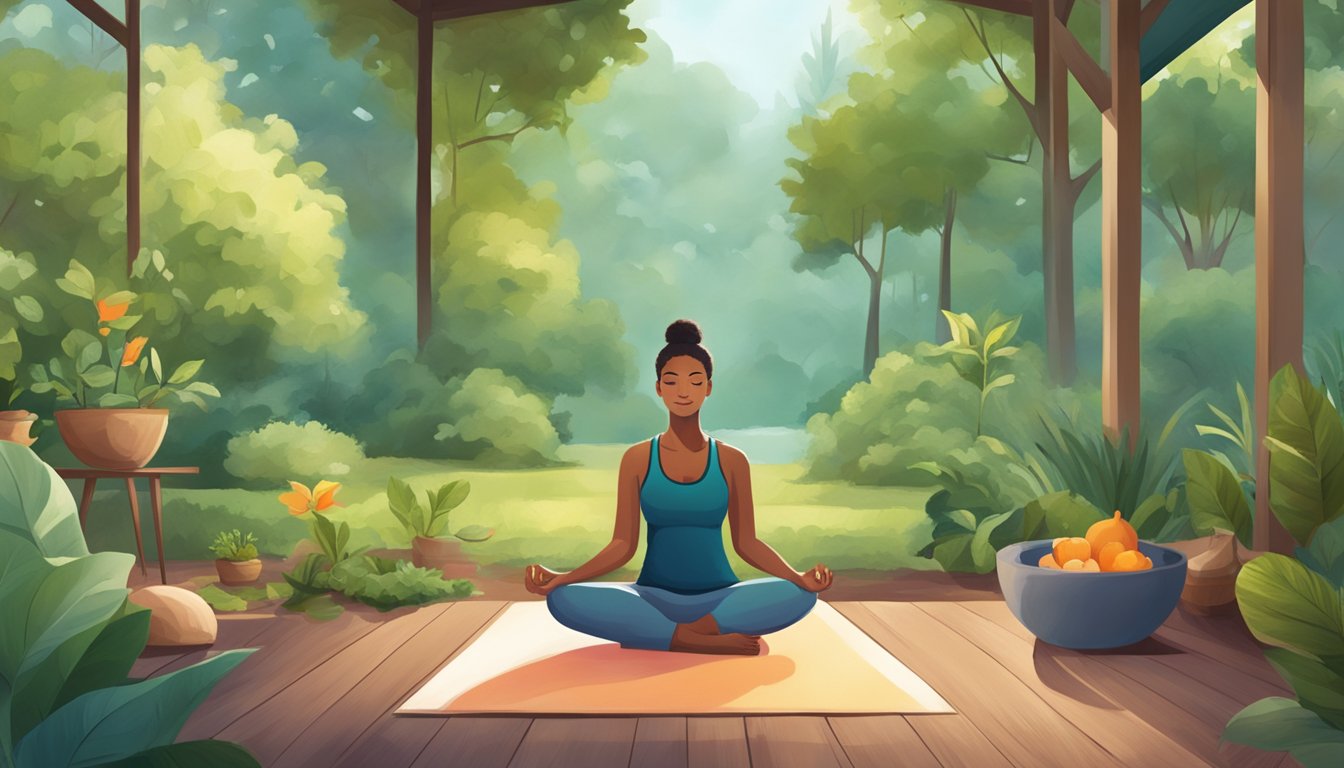 A serene setting with a person engaged in restorative activities like yoga, meditation, and healthy eating, surrounded by nature and calming elements