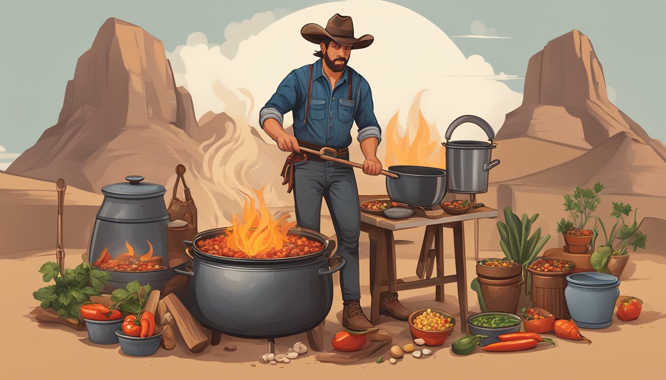 A cowboy stirring a large pot of chili over an open fire, surrounded by various ingredients and cooking utensils