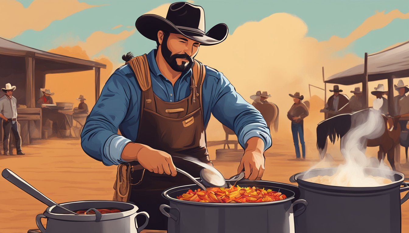 A cowboy stirring a steaming pot of chili over a campfire at a Texas rodeo