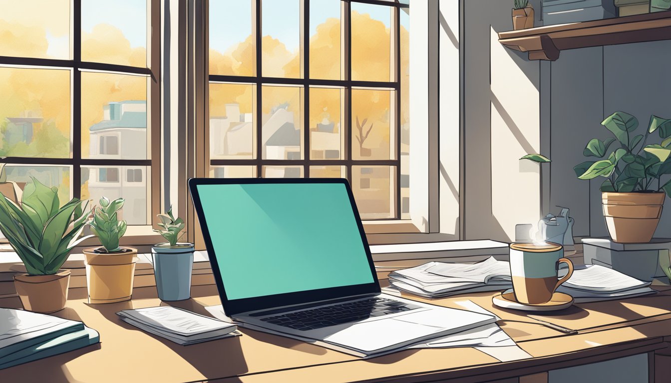 A cluttered desk with a laptop, coffee mug, and scattered papers. A window reveals a sunny day, while a potted plant sits nearby